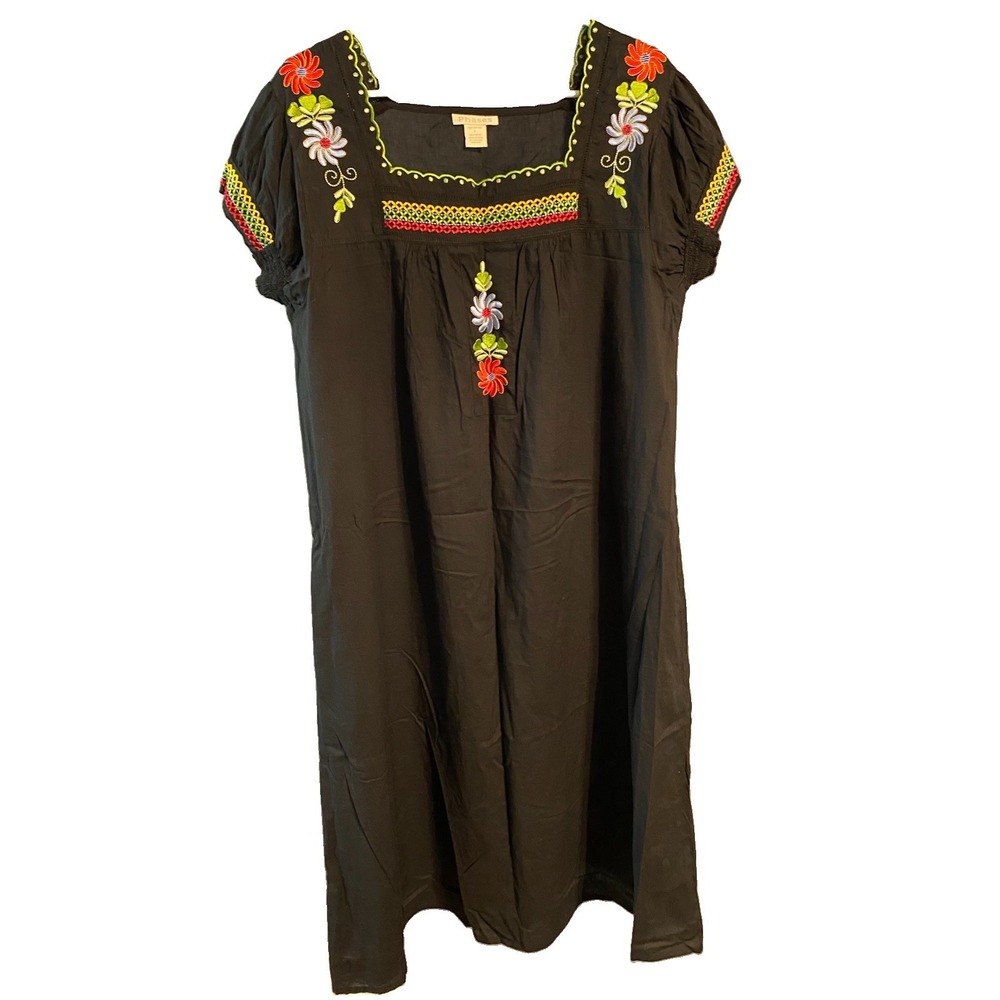 VTG Phases Cotton Embroidered Mexican Boho Midi Dress Size L Black Pockets India